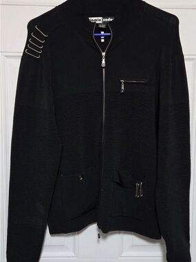 Jamie Sadock Black Zip-Front silver metal embellished sweater size M